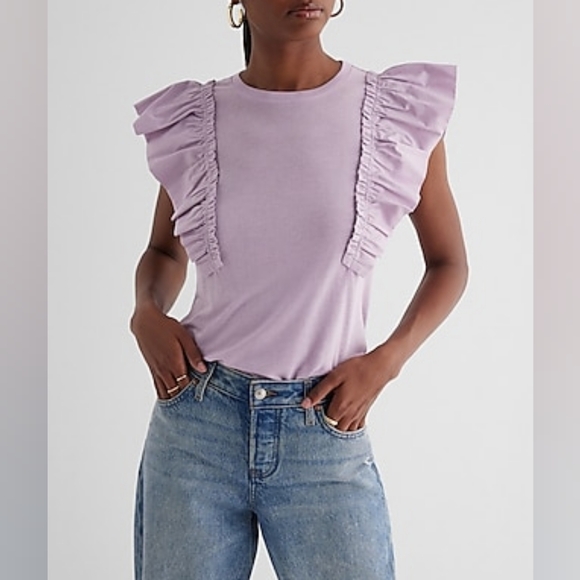 Express Tops - NWT Express Skimming Linen-Blend Crew Neck Flutter Sleeve Tee - Lavender